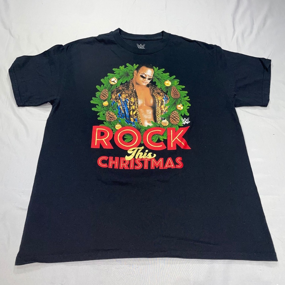 WWE‎ The Rock Christmas T-Shirt Mens LG Black Graphic Tee Dwayne Johnson Holiday